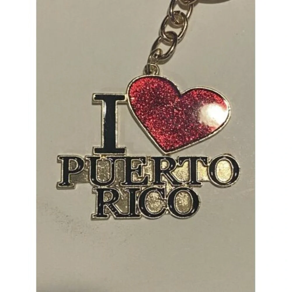 I Love Puerto Rico Heart Keychain Gold Tone Glitter Red Souvenir Travel Item